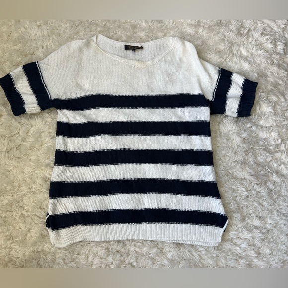 Loro Piana 100% cotton navy blue cream white nautical striped sweater top 46 10 - Picture 8 of 9